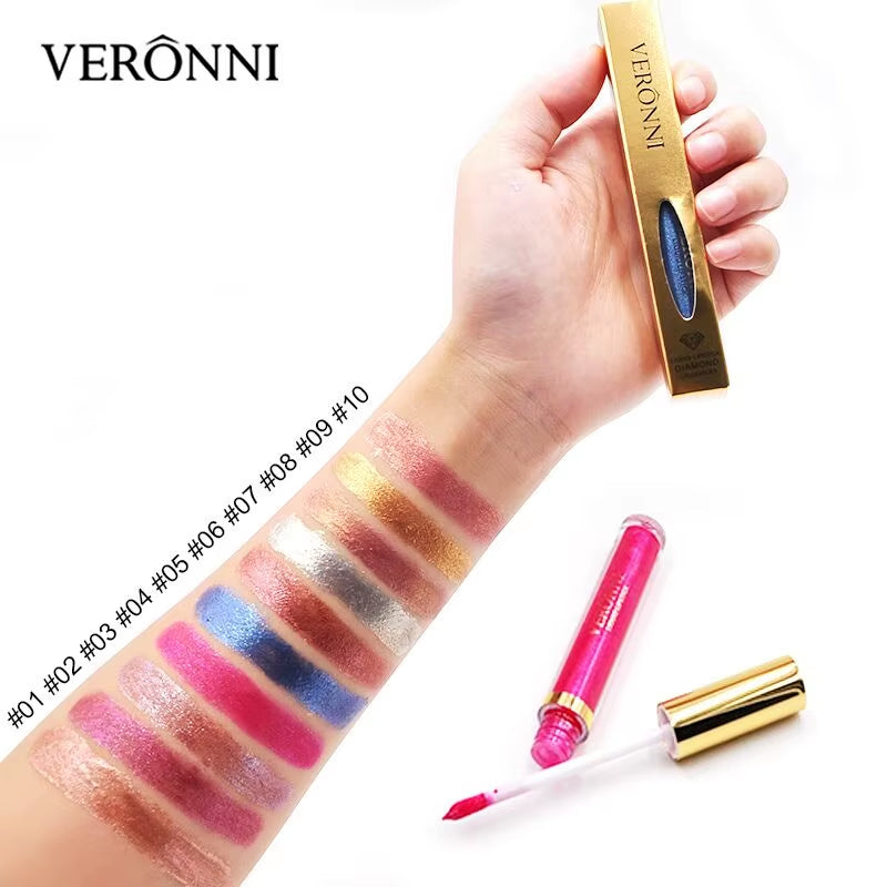 VERONNI Diamond Shine Lip Gloss – 10 Irresistible Shimmer Shades with Waterproof, Long-Lasting Metallic Velvet Finish